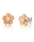 White Freshwater Button - Shape Cultured Pearl on Mother of Pearl Flower Lotus Earrings
