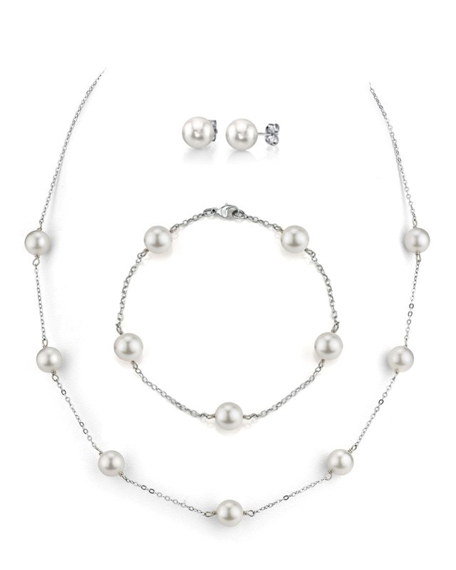 Set aus Halskette, Armband und Ohrringen aus 14-karätigem Gold mit japanischen Akoya-Perlen