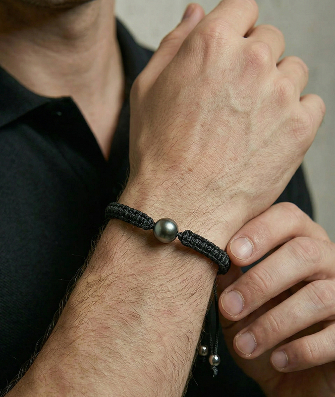 Geflochtenes Wellenarmband mit Tahiti-Südseeperlen für Herren – verschiedene Größen – Zweites Bild