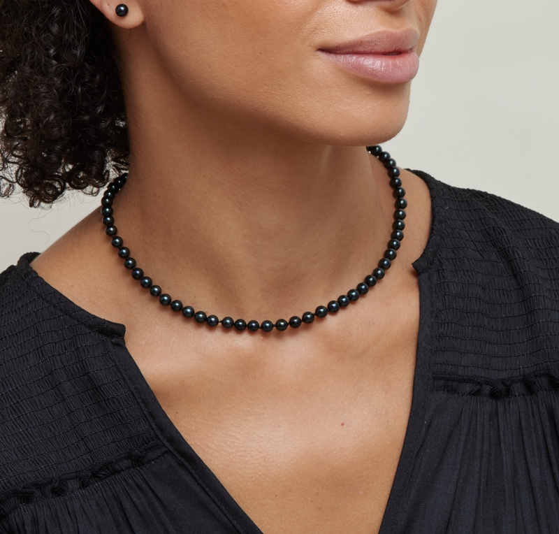 5.5-6.0mm Japanese Akoya Black Pearl Necklace - AA+ Quality - Model Image