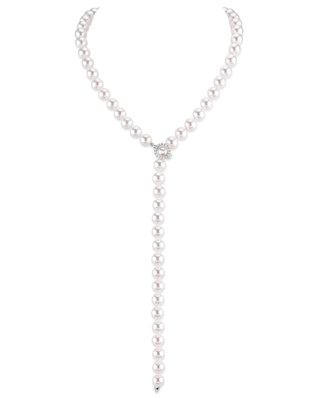 8.0-8.5mm White Freshwater Pearl & Diamond Adjustable lariat Y - Shape 51 Inch Necklace - AAAA Quality