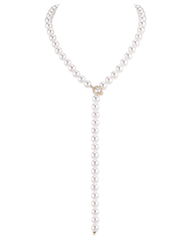8.0-8.5mm White Freshwater Pearl & Diamond Adjustable lariat Y - Shape 51 Inch Necklace - AAAA Quality - Third Image