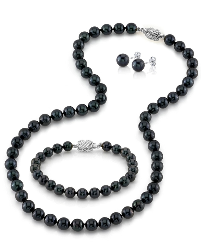 Set aus Halskette, Armband und Ohrringen mit schwarzen Süßwasserperlen (7,5–8,0 mm)