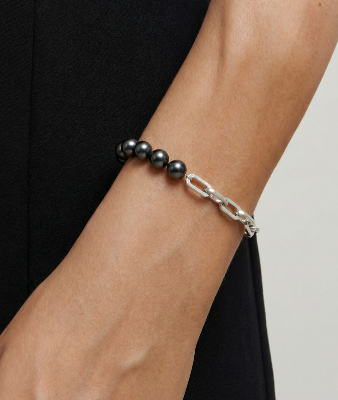 7,5–8,0 mm schwarzes Süßwasserperlen-Armband mit Kette für Damen – Drittes Bild