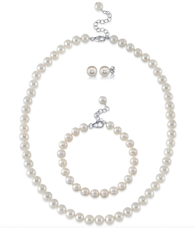 7,5–8,5 mm weiße Süßwasserperlen – verstellbares Set aus Halskette, Armband und Ohrringen