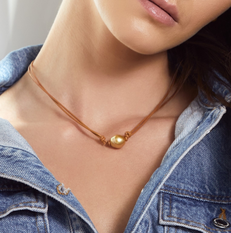 Golden Baroque Pearl Leather Adjustable Necklace - Various Sizes - Model Image