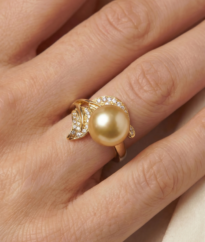 Eva-Ring mit goldener Südseeperle und Diamanten – Zweites Bild