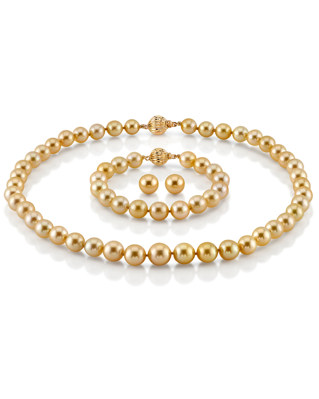 Set aus goldenen runden Südseeperlen, 9–11 mm
