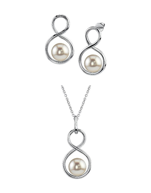 Set aus Anhänger und Ohrringen mit weißer Süßwasserperle im Infinity-Design