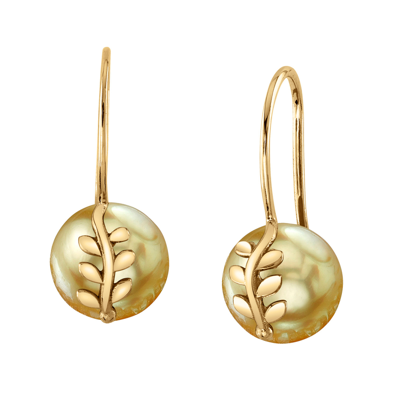 Ohrringe mit goldenen Südseeperlen und Jayne-Blatt