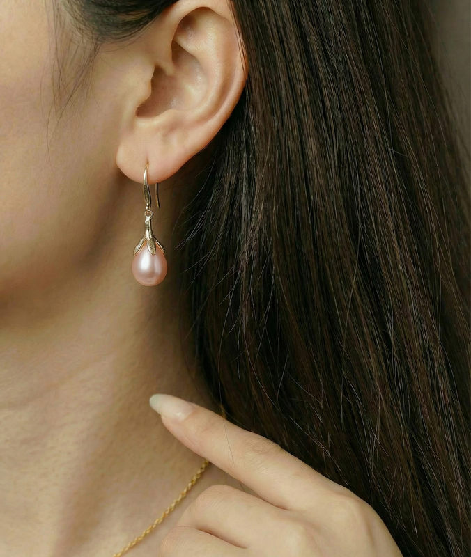 10–11 mm rosa Süßwasserperlen, rosévergoldet, in Olivenform, als Anhänger und Ohrringe – Zweites Bild