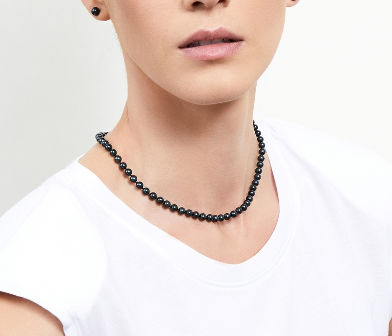 6.5-7.0mm Japanese Akoya Black Choker Length Pearl Necklace - AA+ Quality - Model Image