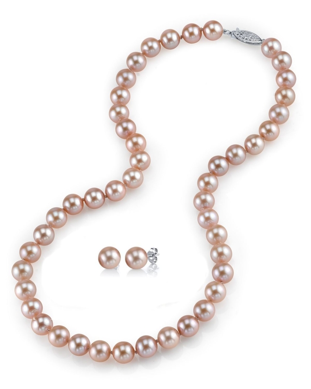 7,0–7,5 mm rosa Süßwasserperlen-Halskette in Choker-Länge & Ohrringe