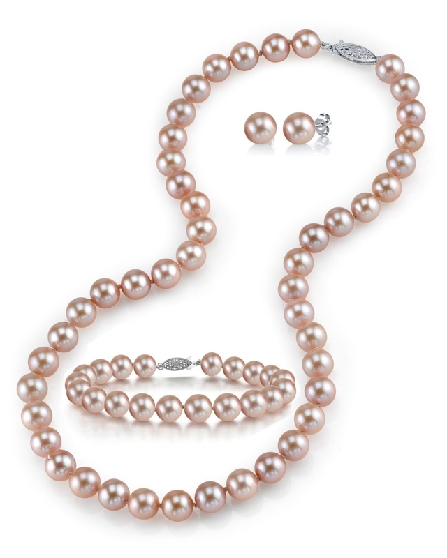 6,5–7,0 mm rosa Süßwasserperlen-Halskette, Armband und Ohrringe