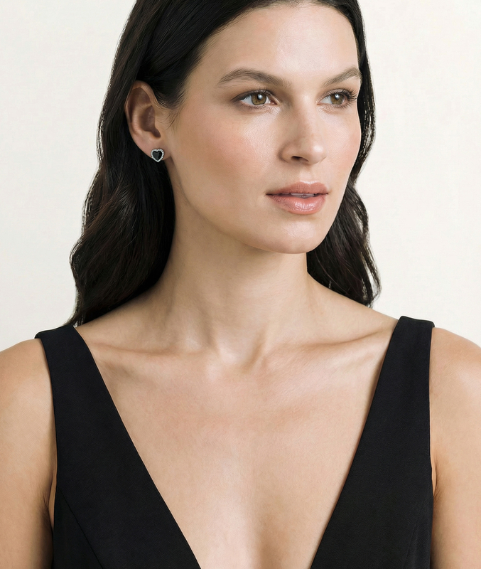 Black Mother of Pearl Heart - Shaped Ophelia Earrings - Model Image
