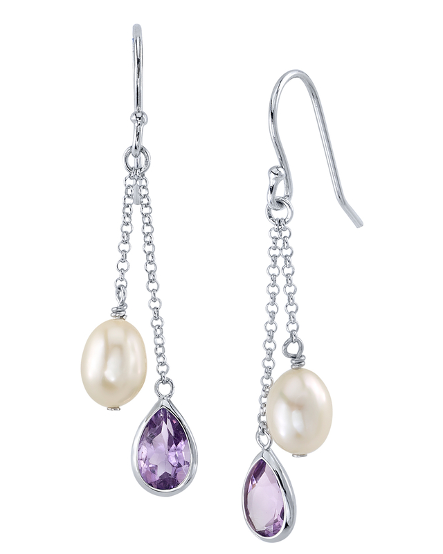 Ohrringe mit weißen Süßwasser-Zuchtperlen in Tropfenform und Amethyst
