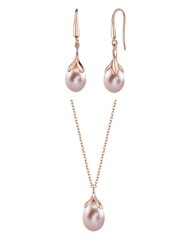 10–11 mm rosa Süßwasserperlen, rosévergoldet, in Olivenform, als Anhänger und Ohrringe