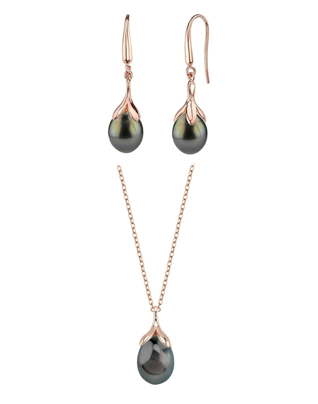 10-11mm Tahitian South Sea Pearl Rose Gold Plated Olive Drop Pendant and Earrings Set