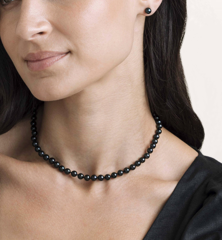 6.0-6.5mm Japanese Akoya Black Pearl Necklace - AAA Quality - Model Image