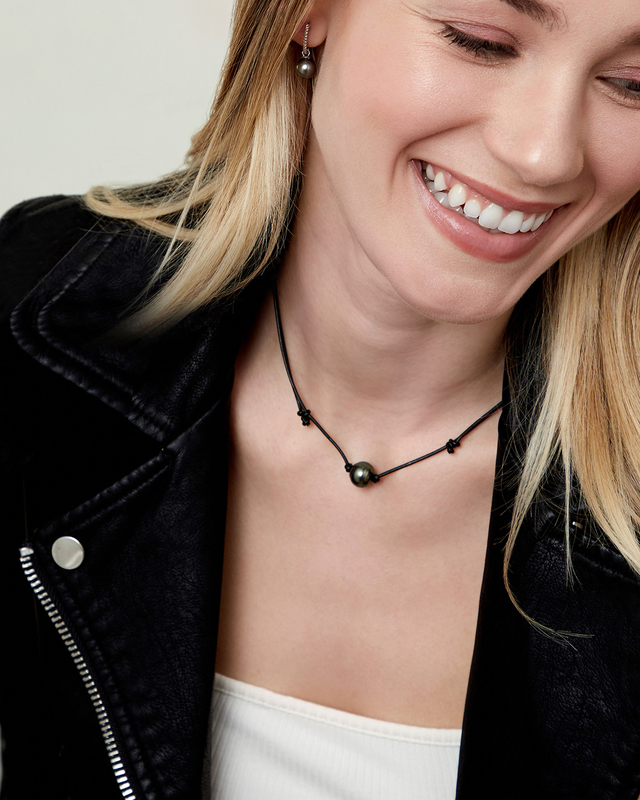 Tahitian Baroque Pearl Leather Adjustable Necklace - Various Sizes - Model Image