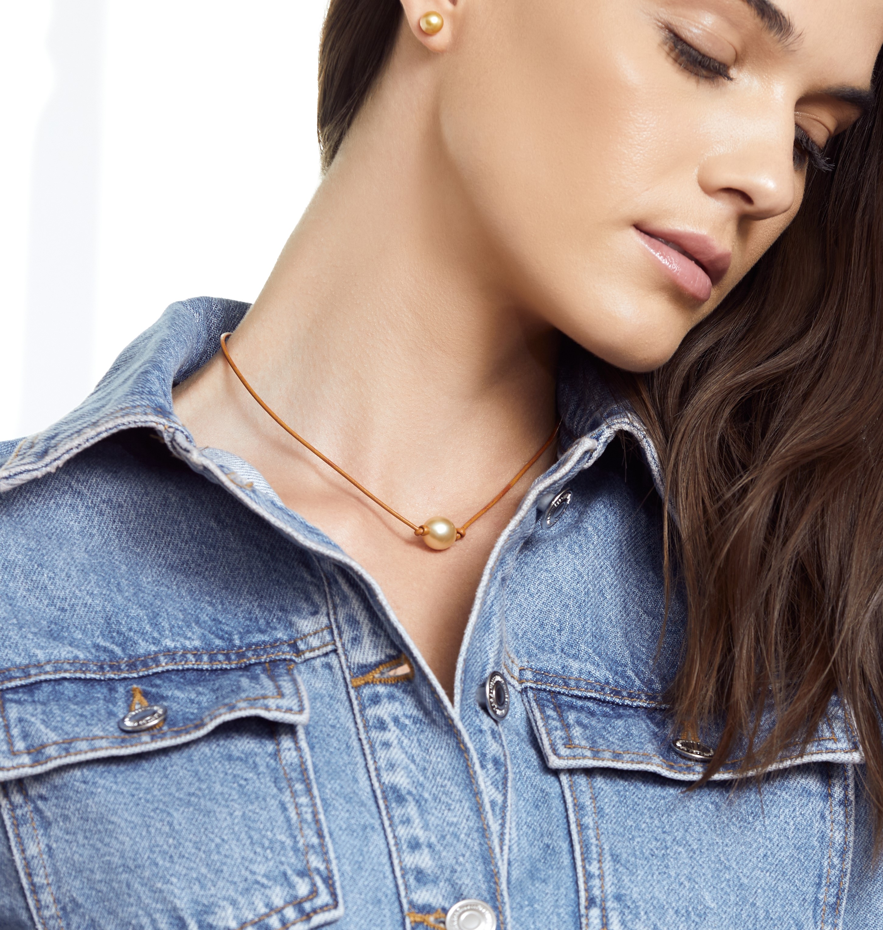 Golden Baroque Pearl Leather Necklace - Various Sizes - Model Image