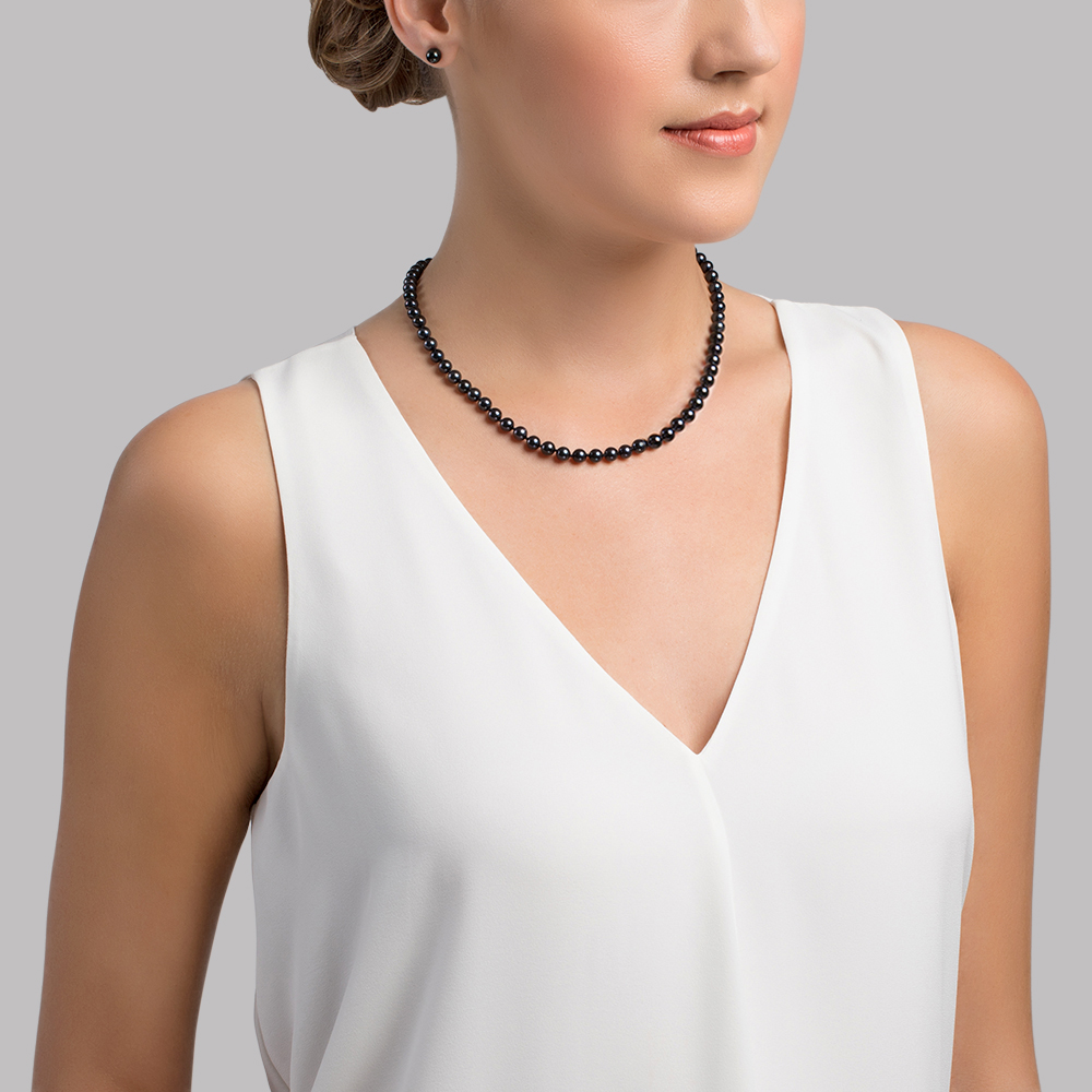 5.5-6.0mm Japanese Akoya Black Pearl Necklace - AAA Quality - Third Image