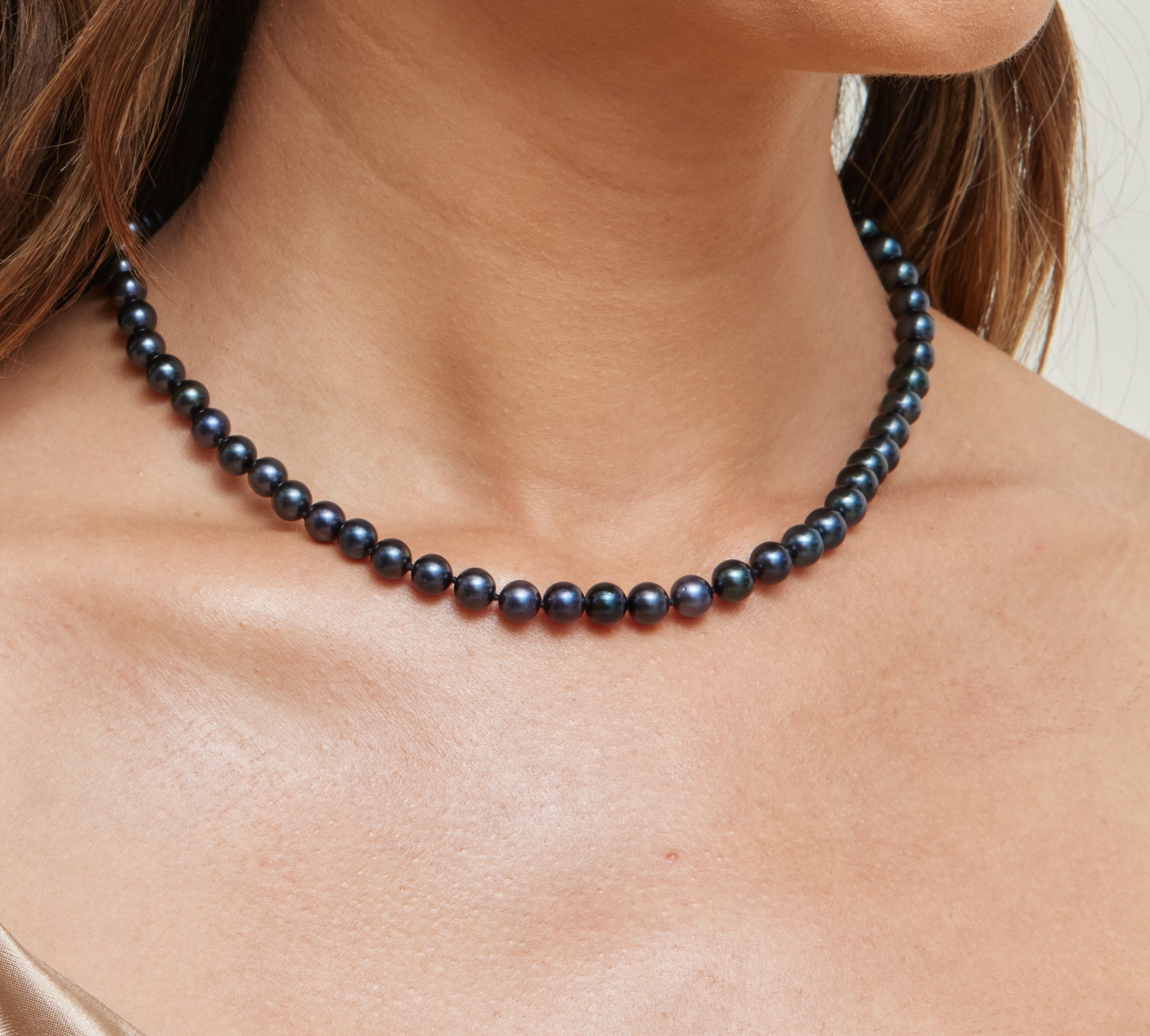 6.5-7.0mm Japanese Akoya Black Pearl Necklace - AAA Quality - Model Image
