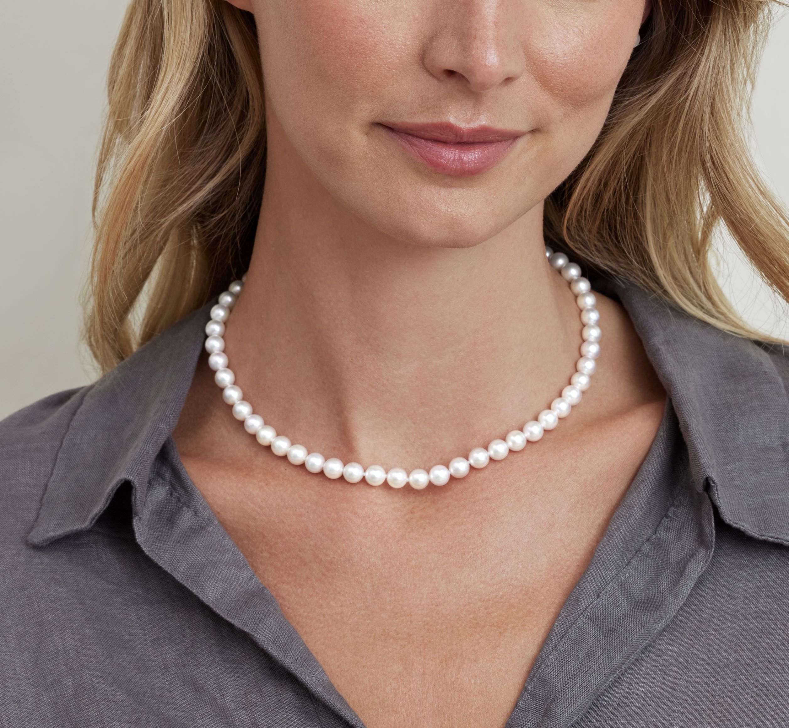 7.0-7.5mm Japanese Akoya White Pearl Necklace - AAA Quality - Model Image