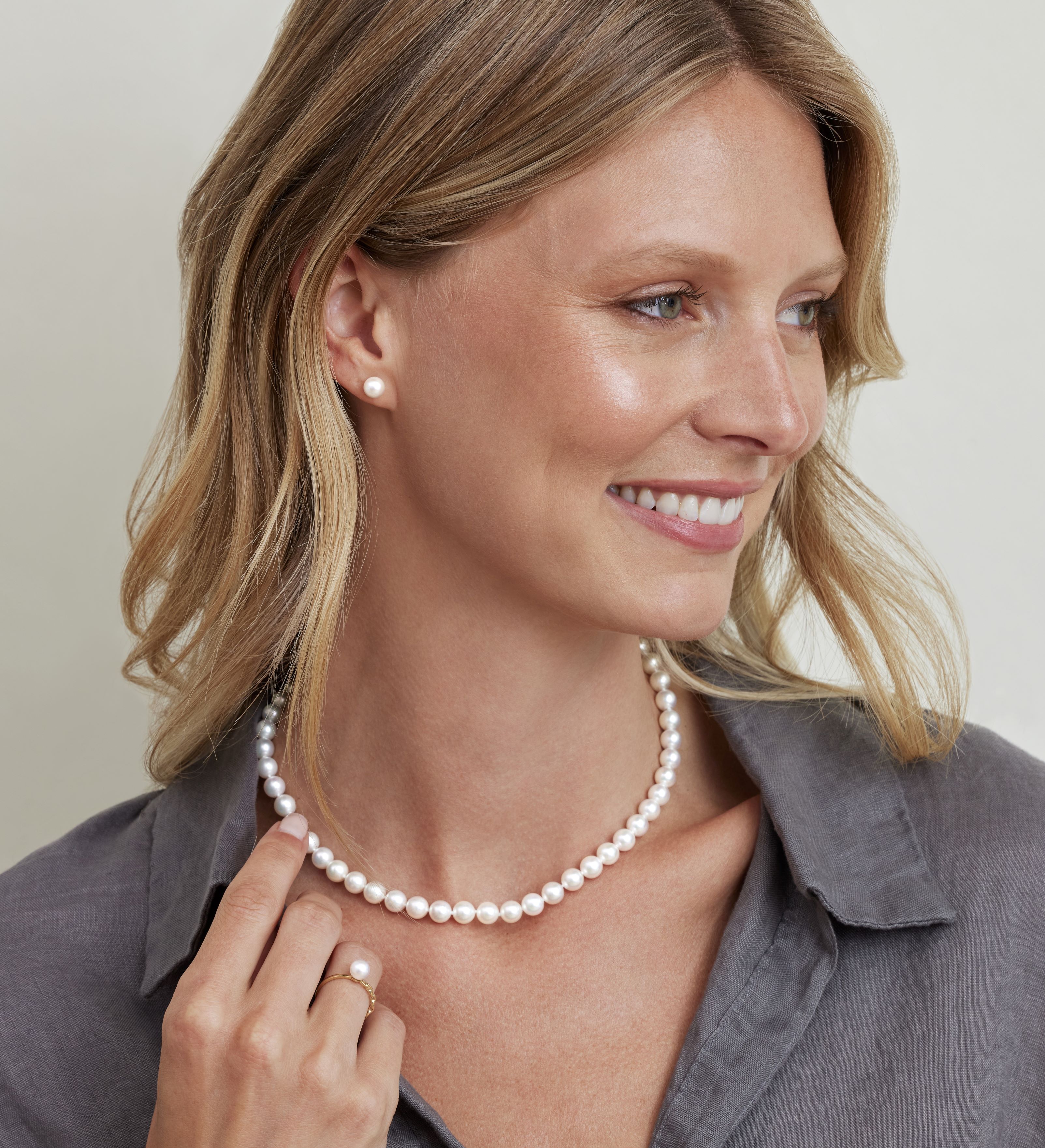 7.0-7.5mm Japanese Akoya White Pearl Necklace - AAA Quality - Third Image