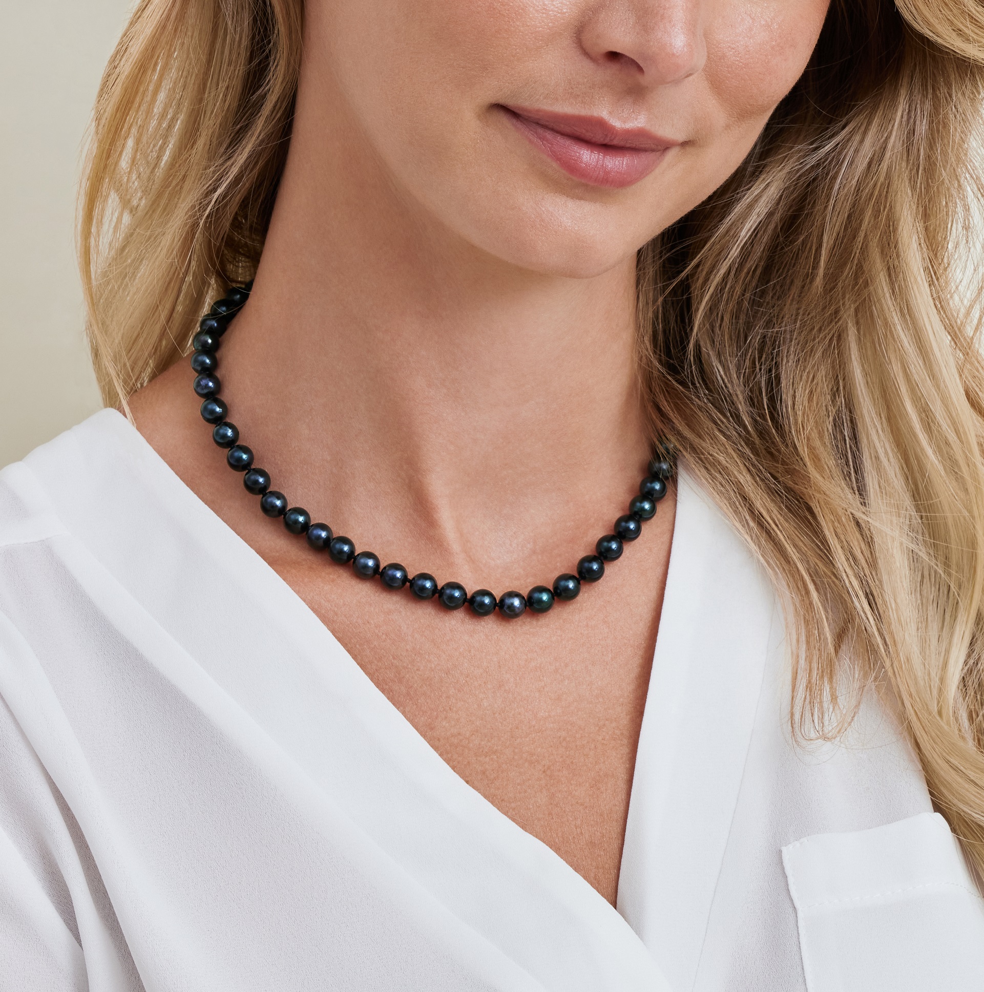 7.5-8.0mm Japanese Akoya Black Pearl Necklace - AAA Quality - Model Image