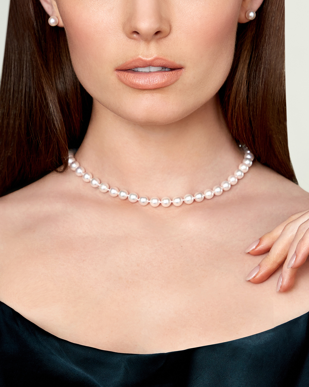 7.5-8.0mm Japanese Akoya White Pearl Necklace - AA+ Quality - Model Image