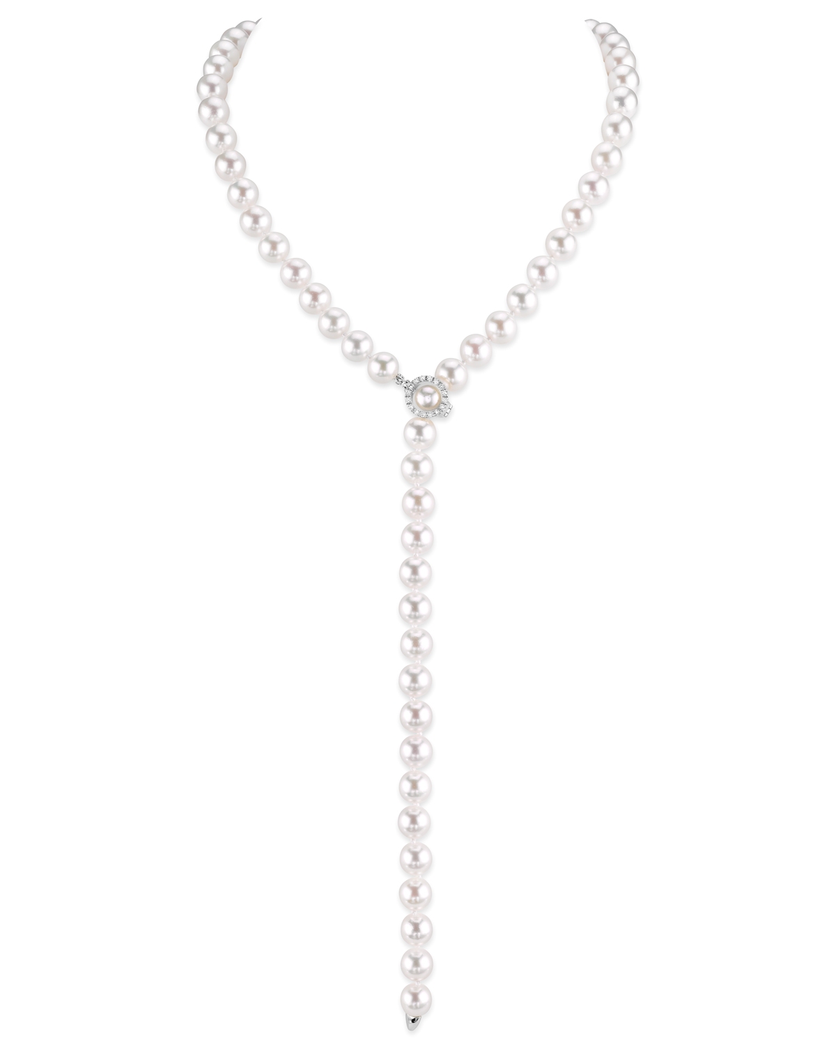 8.0-8.5mm Japanese Akoya White Pearl & Diamond Lariat Y - Shape Adjustable Necklace in Opera Length