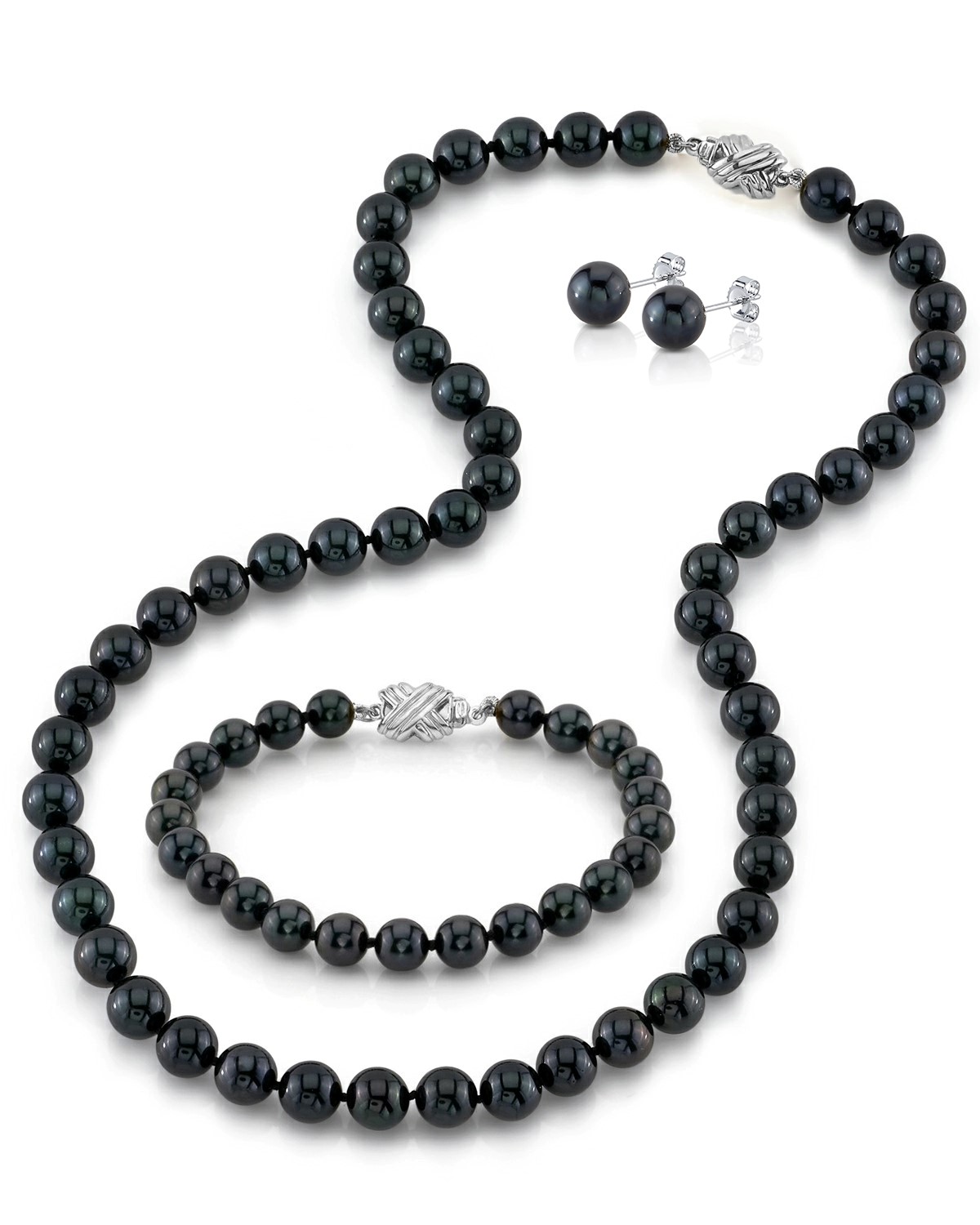 Set aus Halskette, Armband und Ohrringen mit schwarzen Süßwasserperlen (7,5–8,0 mm)