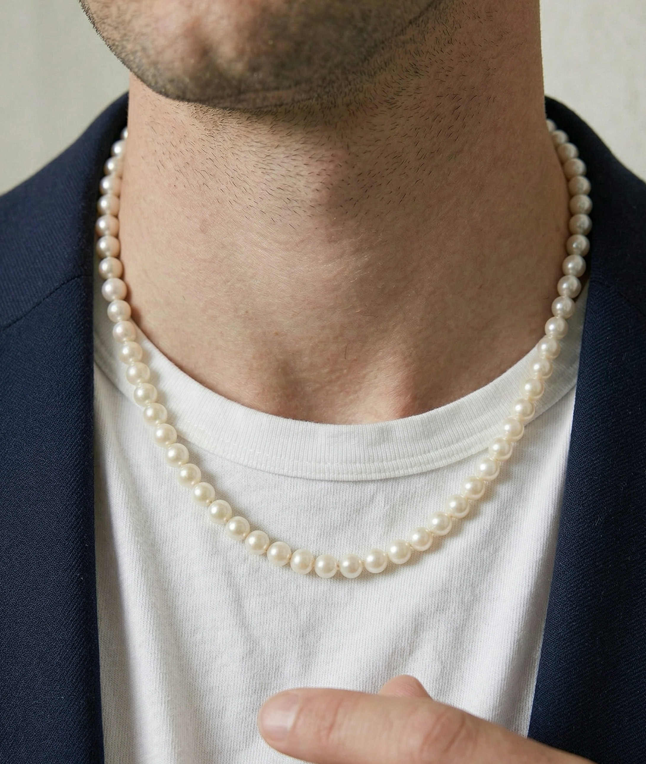 7.5-8.5mm White Freshwater Pearl Adjustable Necklace for Men - Secondary Image
