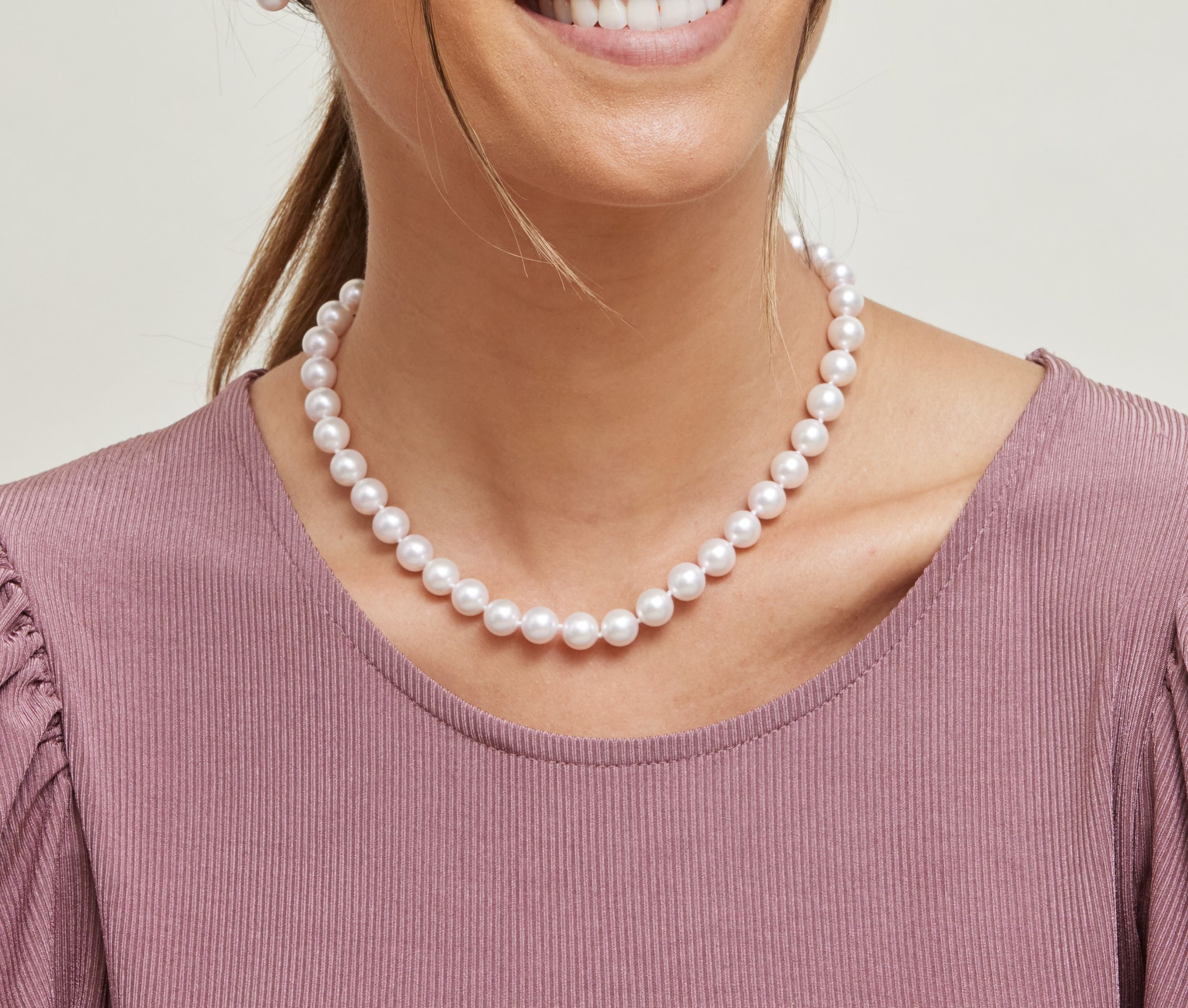 9.0-9.5mm Japanese Akoya White Pearl Necklace - AAA Quality - Model Image