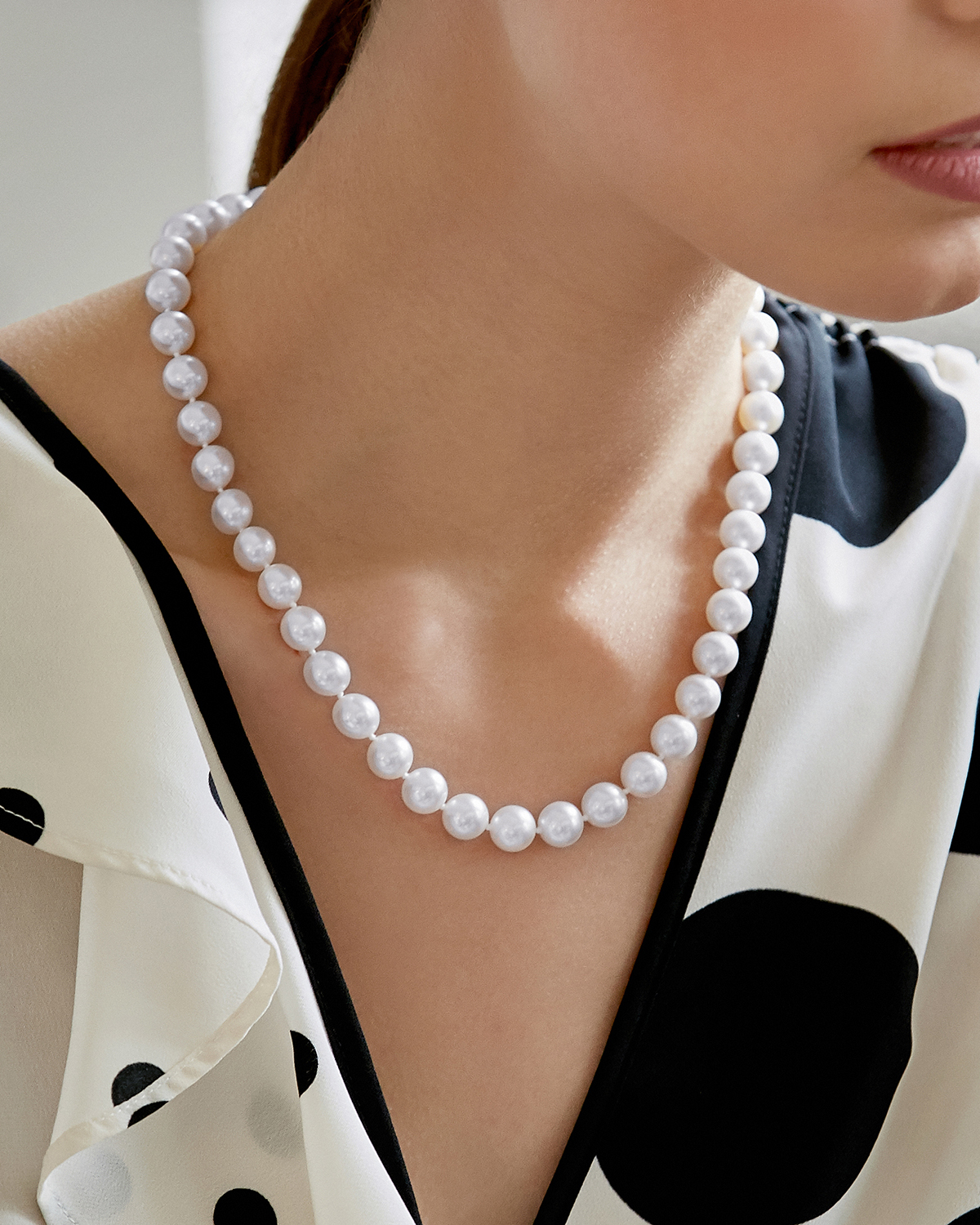 9.5-10mm Japanese Akoya White Pearl Necklace - AA+ Quality - Model Image