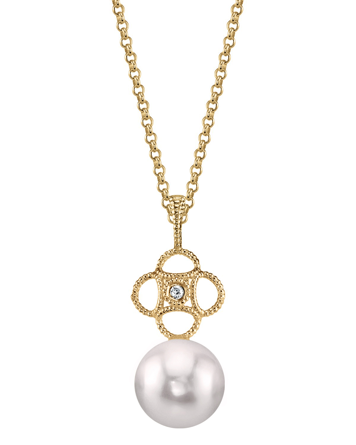 Anhänger aus 14-karätigem Gold mit Akoya-Perle und Diamanten im Spitzenmuster