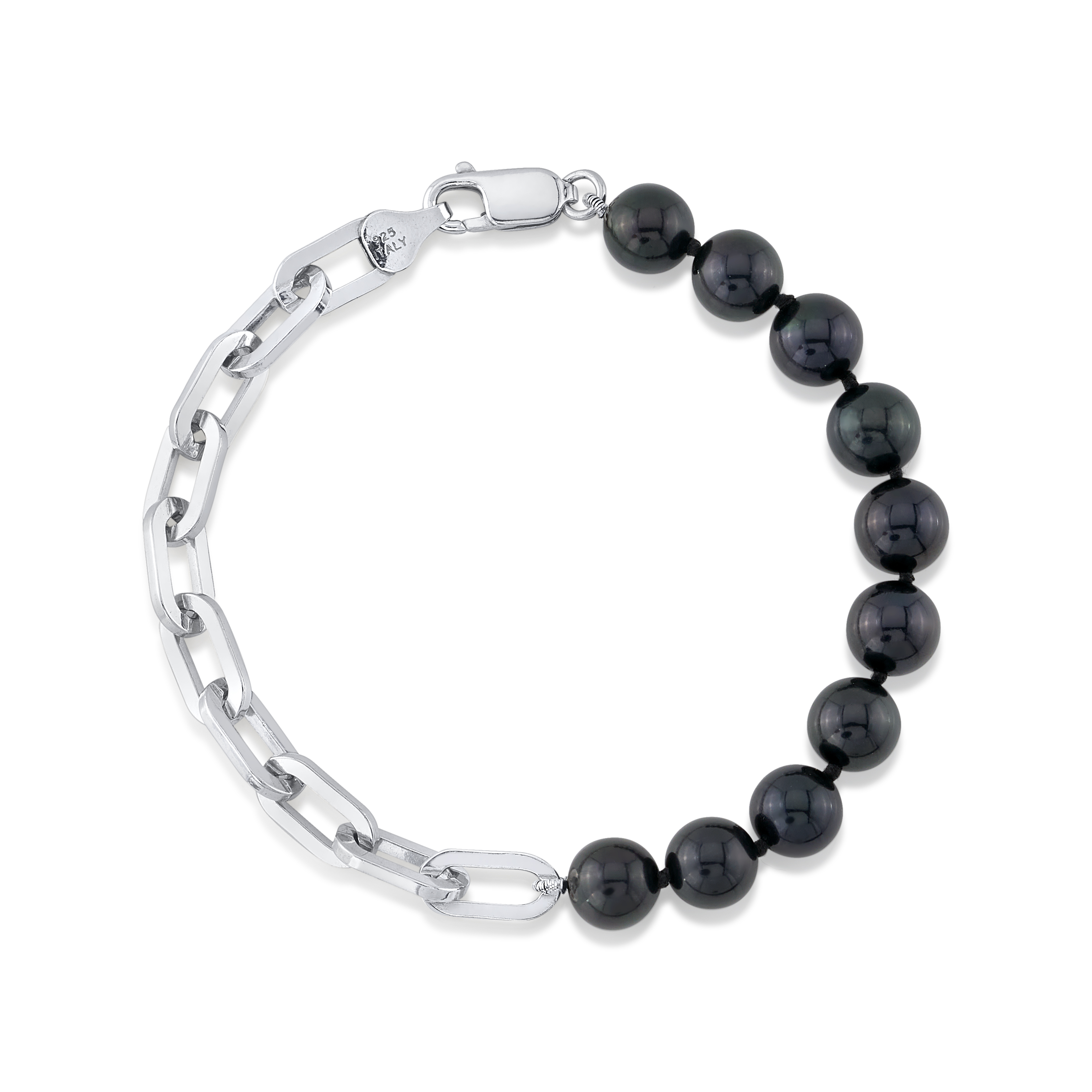 7,5–8,0 mm schwarzes Süßwasserperlen-Armband mit Kette für Damen