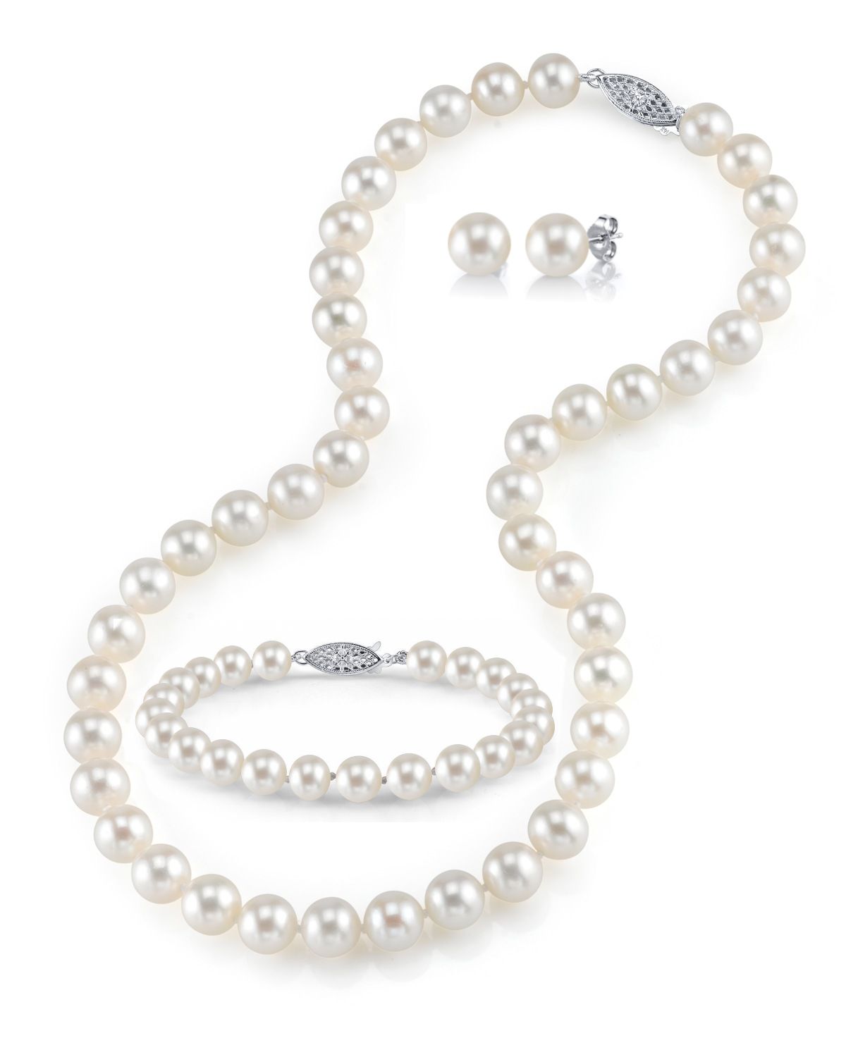 7,0–7,5 mm weiße Süßwasserperlen-Halskette, Armband und Ohrringe
