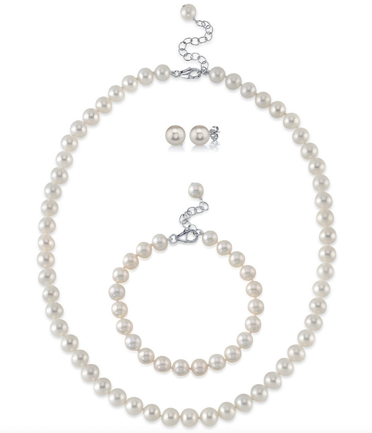 7,5–8,5 mm weiße Süßwasserperlen – verstellbares Set aus Halskette, Armband und Ohrringen