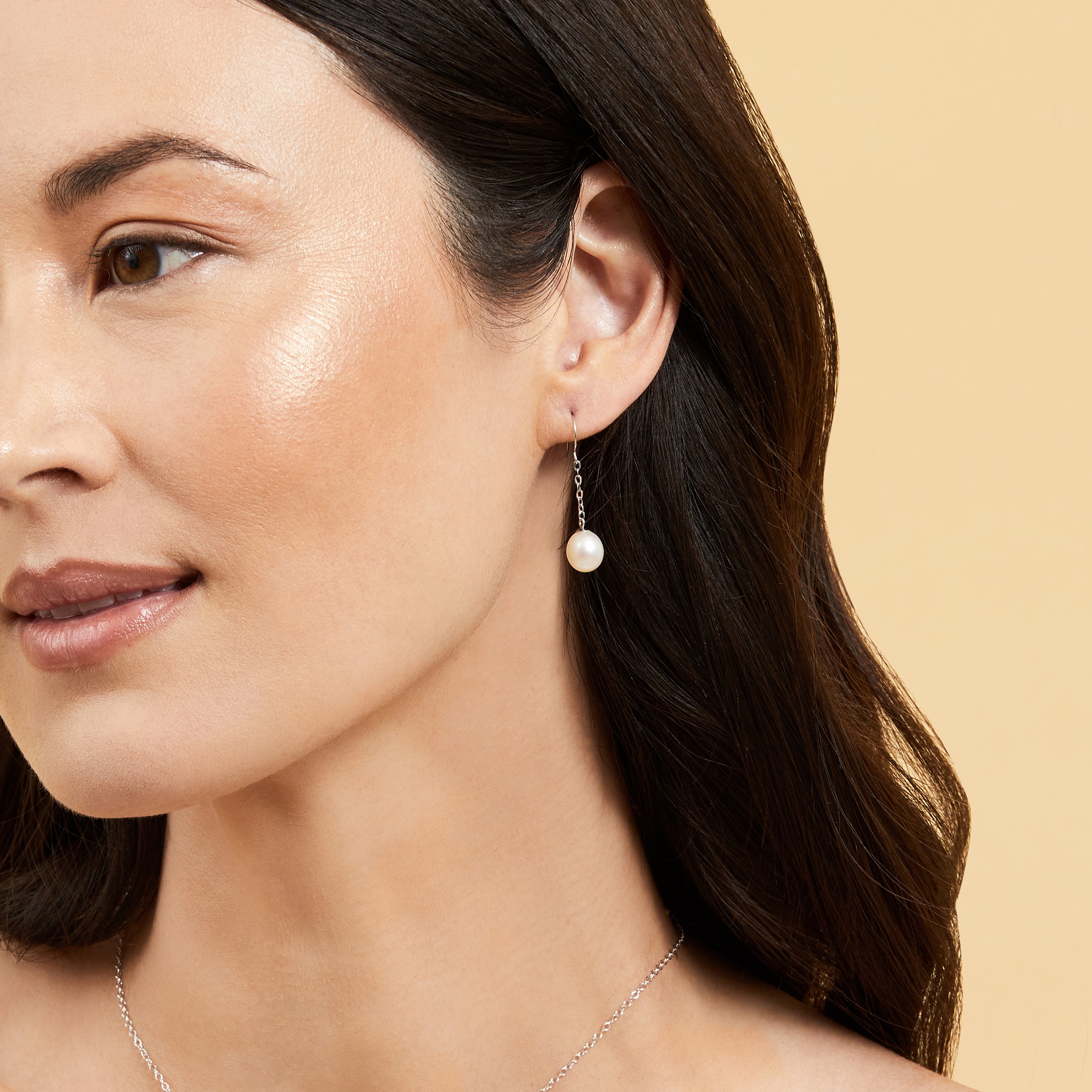 14K Gold Drop - Shape Freshwater Pearl Lila Tincup Earrings - Model Image