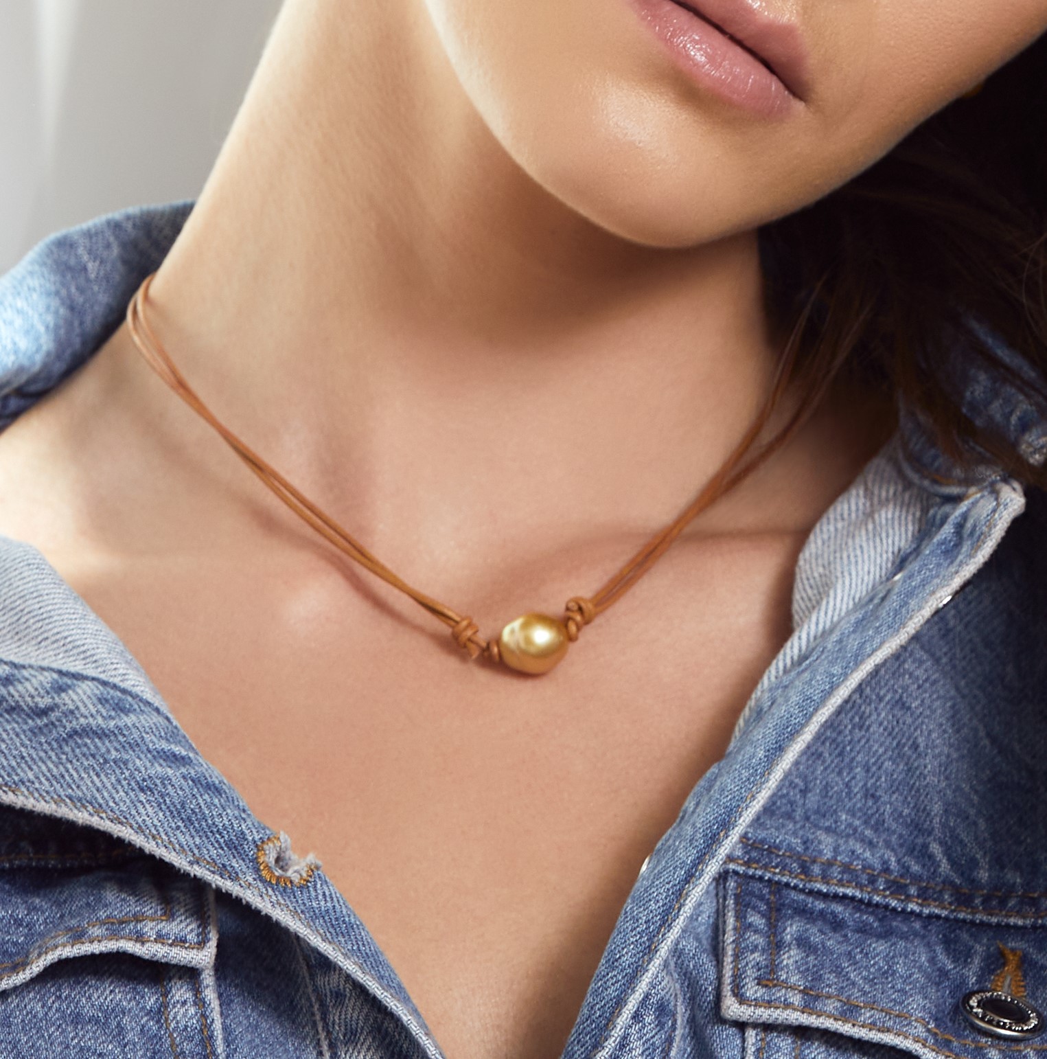 Golden Baroque Pearl Leather Adjustable Necklace - Various Sizes - Model Image