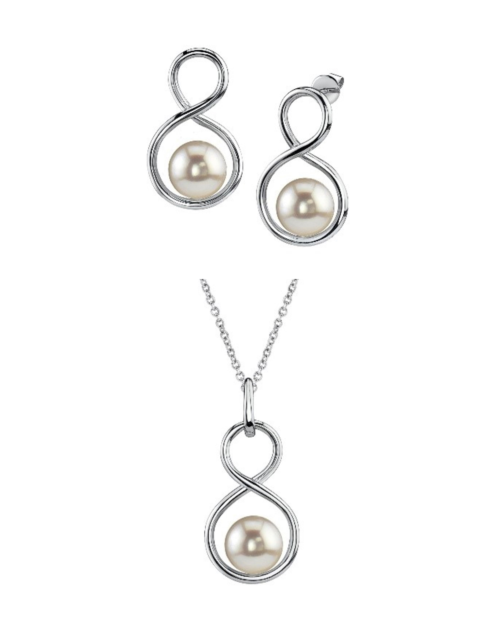 Set aus Anhänger und Ohrringen mit weißer Süßwasserperle im Infinity-Design