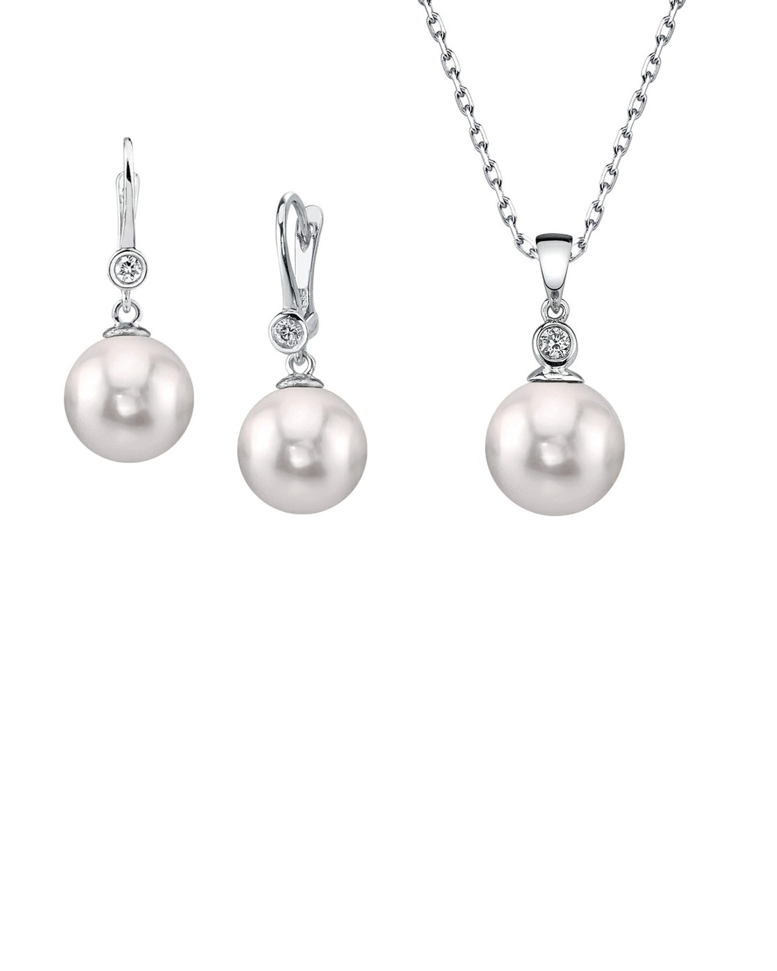 14-karätiges Weißgold-Set mit Akoya-Zuchtperlen und Diamanten von Michelle Jewelry