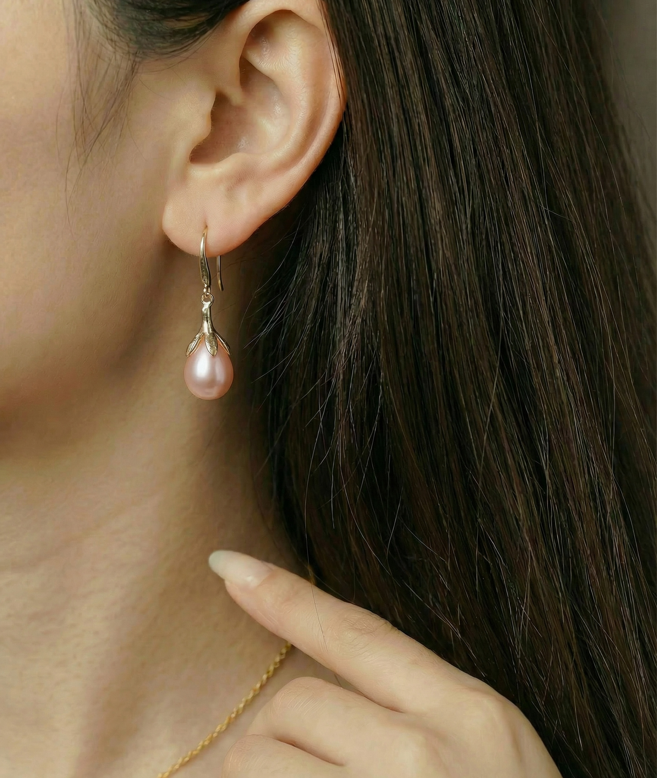 10–11 mm rosa Süßwasserperlen, rosévergoldet, in Olivenform, als Anhänger und Ohrringe – Zweites Bild