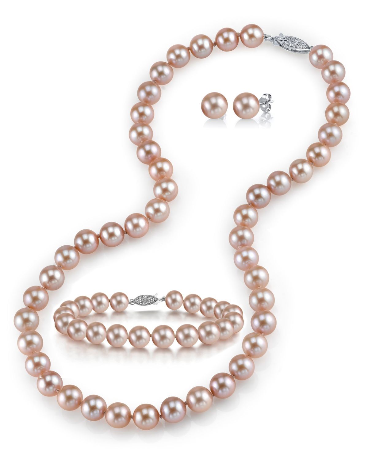 Halskette, Armband und Ohrringe aus rosa Süßwasserperlen (8,5–9,5 mm)