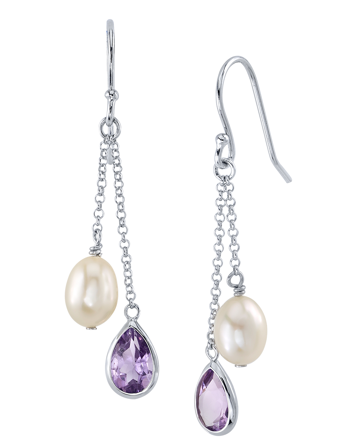 Ohrringe mit weißen Süßwasser-Zuchtperlen in Tropfenform und Amethyst