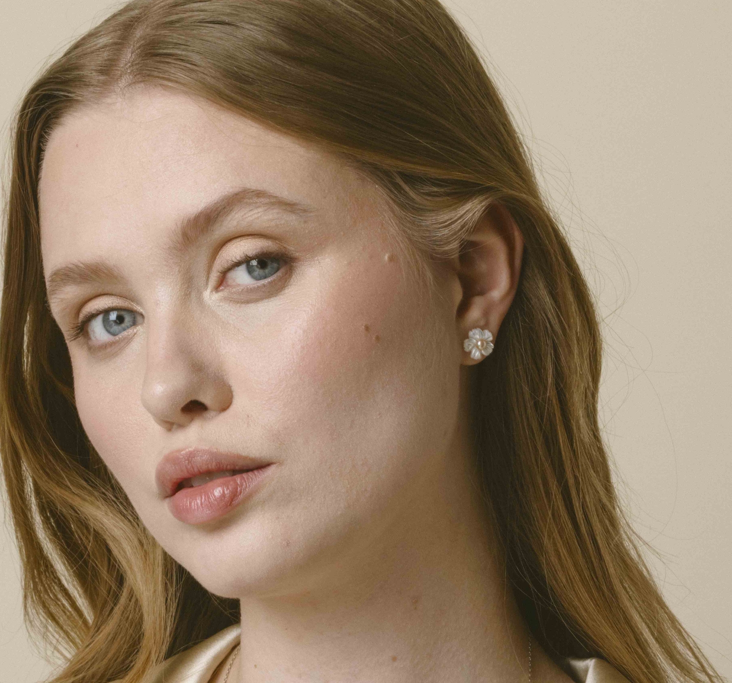 Pink Freshwater Button - Shape Cultured Pearl on Mother of Pearl Flower Lotus Earrings - Model Image