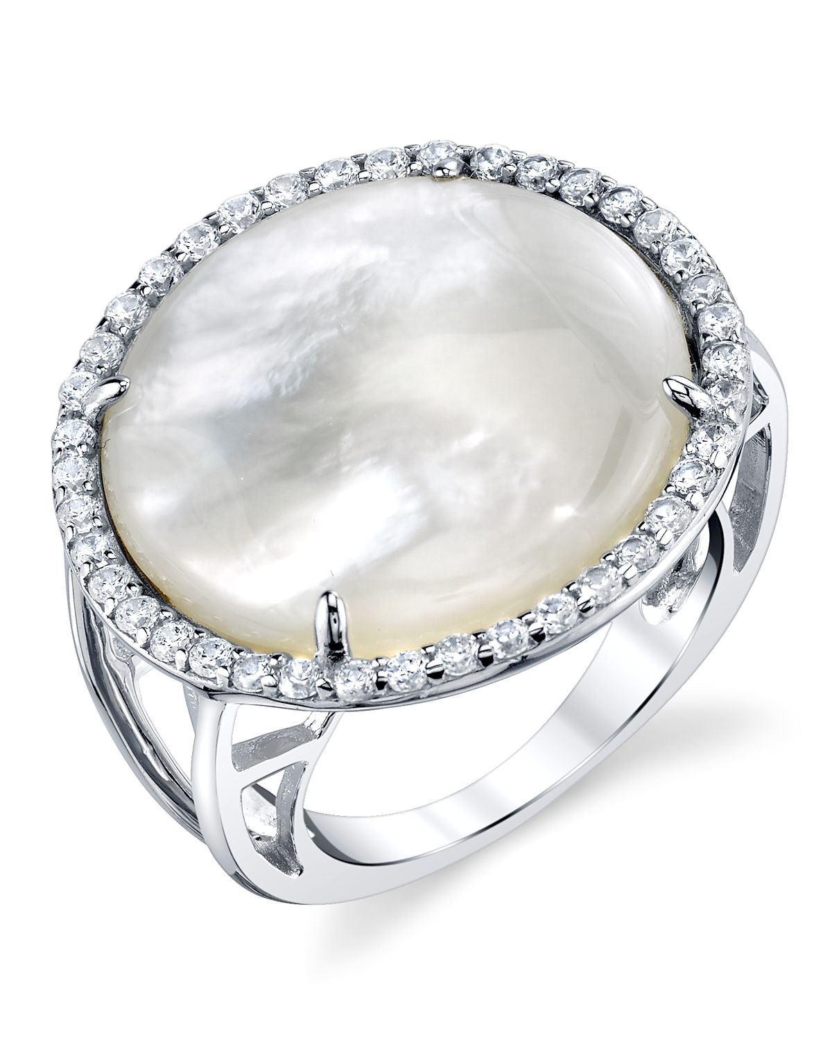 Ring mit weißem Zuchtperlmutt und Zirkonia in Kamelienform