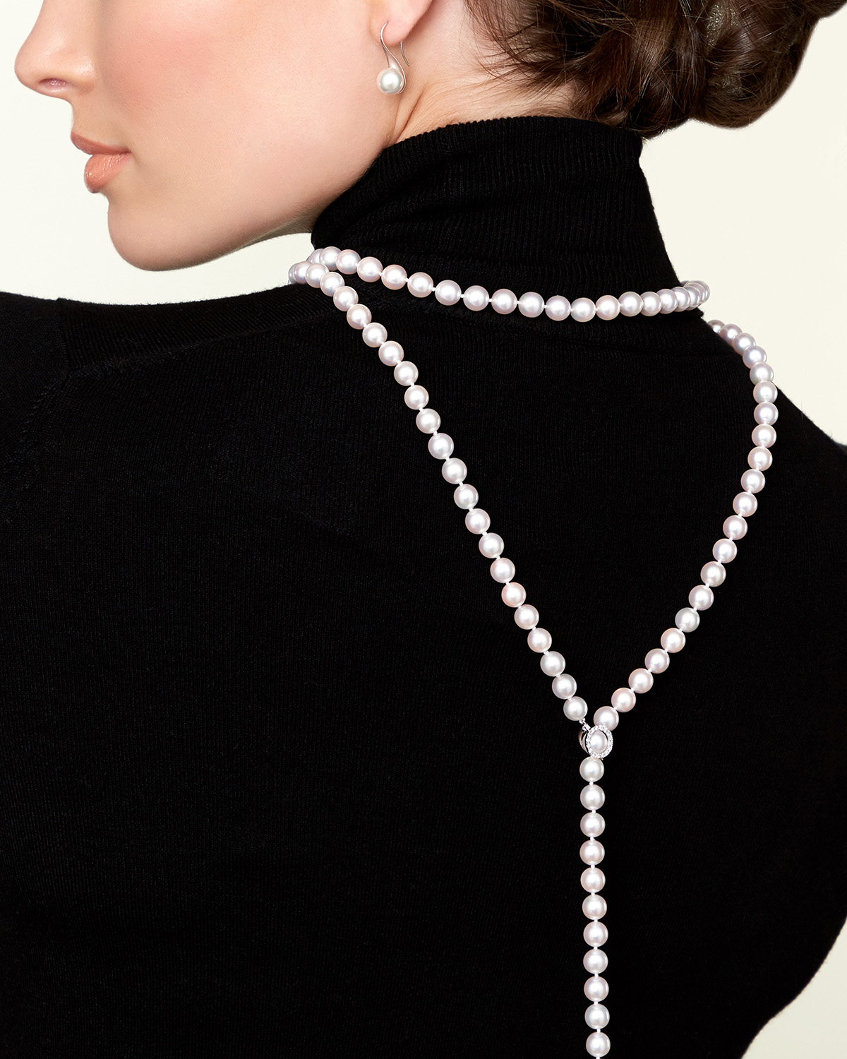 8.0-8.5mm Japanese Akoya White Pearl & Diamond Lariat Y - Shape Adjustable Necklace in Opera Length - Model Image
